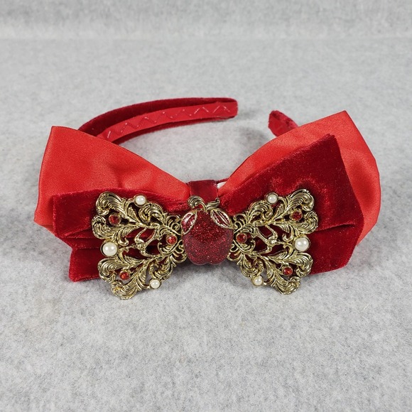 Rare Disney Store Red Velvet Bow Headband Apple Rhinestone Gold Accents One Size - Picture 3 of 7